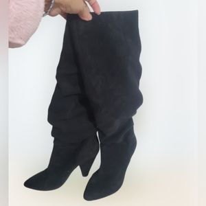Sexy Black Faux Suede Boots Pull On 4" Cone Heel